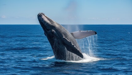 Obraz premium Majestic humpback whale powerfully breaches the ocean surface, spraying water under a clear blue sky.