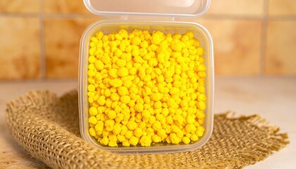 Vibrant Yellow Decorative Elements in Clear Container on Rustic Background