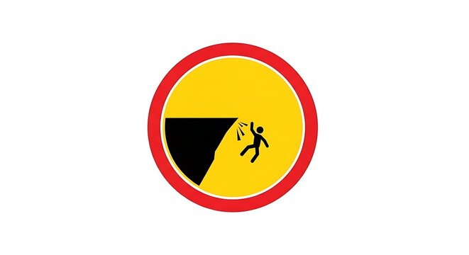 Warning sign of person falling off cliff edge in yellow circle