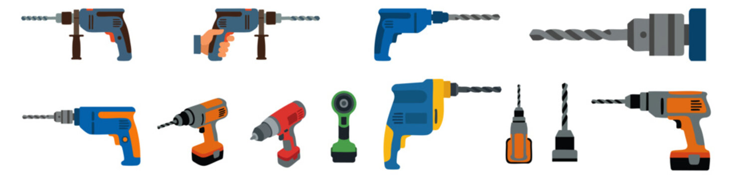  DRILL BIT - Electric power drill with a spiral steel bit  Flat Vector Illustration on Transparent Background
