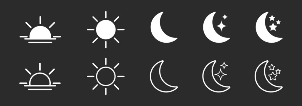 Sunrise sunset sun and crescent moon with stars weather icon collection in outline and glyph style vector illustration