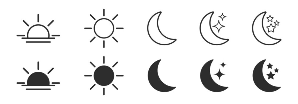 Sunrise sunset sun and crescent moon with stars weather icon set in outline and filled style vector illustration isolated on transparent background