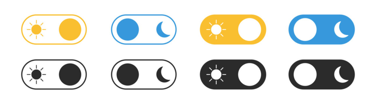 Day and night toggle switch button with sun and moon icon set in outline and filled style vector illustration isolated on transparent background