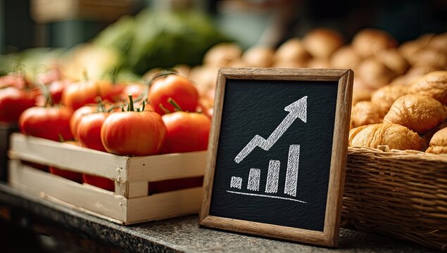 Fresh produce and baked goods displayed with a chalkboard graph indicating growth