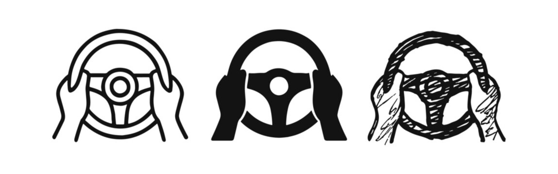 Hands on steering wheel icon set. Driving and car control symbol for automotive themes.