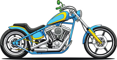 Custom blue and yellow chopper motorcycle detailed vector illustration isolated on light background with classic engine design © MdAkramul