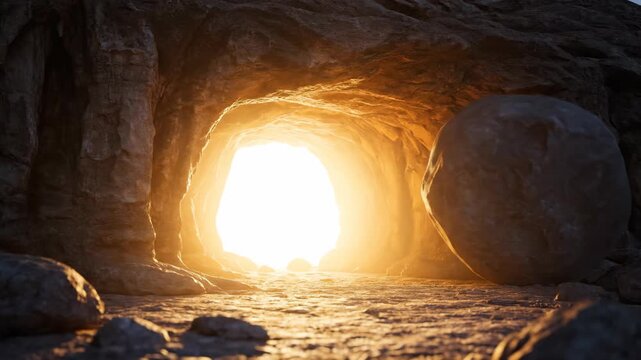 A radiant light emanates from a cave entrance surrounded by rocks and boulders in a rugged landscape viewed from inside the cave