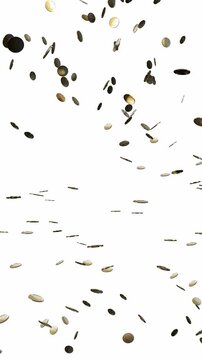 Golden Coins Falling Down Like Rain - Isolated on White Background - 3d 4k Vertical Animation (2160 x 3840px)
