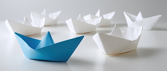 Blue origami boat guides white paper boats on a light grey background showing leadership in business and teamwork with space for messages