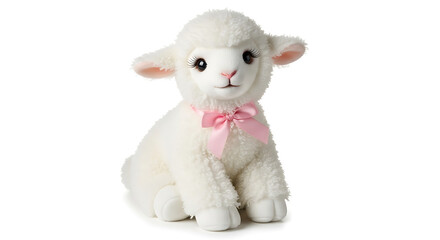 White Stuffed Lamb Toy with Pink Ribbon Sitting on White Background plush 1