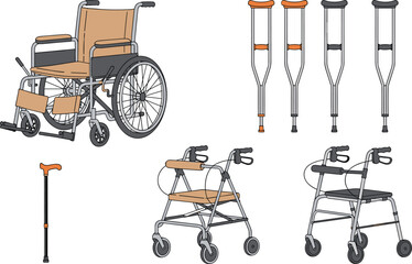Mobility aids set with wheelchair crutches walker and cane vector illustration