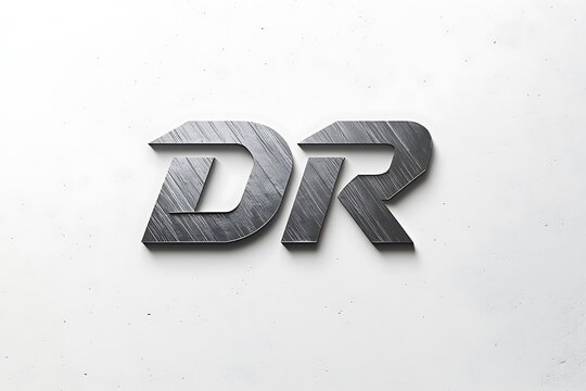 Stylized 3d dr monogram logo with textured metallic effect on white background