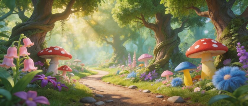 Whimsical fantasy forest path with giant colorful mushrooms and glowing sunlight through enchanted trees, idea for magical fairy tale world and children storybook illustration