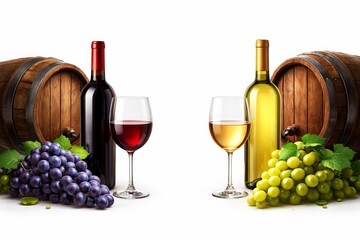 Obraz premium A 3D semi-realistic horizontal composition featuring red and white wine bottles, filled glasses, wooden barrels, and bunches of grapes on both sides, leaving center copy space
