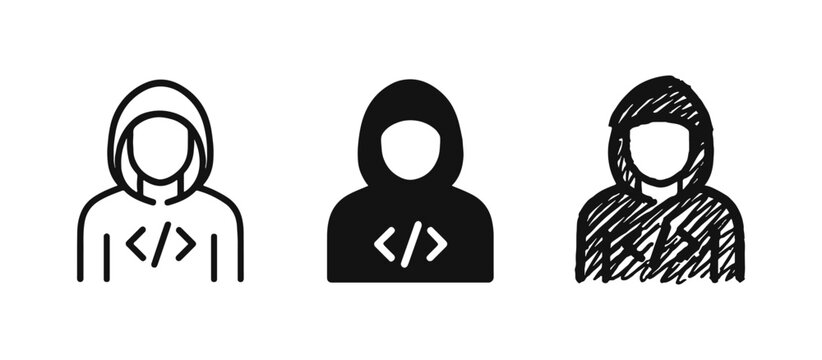 Coder, Programmer, or Hacker Icon Set with Hoodie and Code Symbol - Outline, Solid, and Doodle Styles