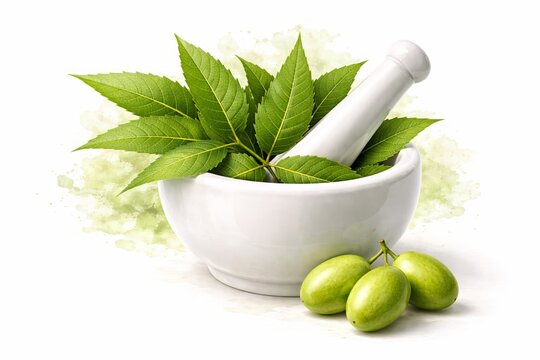 A semi-realistic 3D illustration of fresh neem leaves arranged inside a smooth white ceramic mortar with pestle, three small green neem fruits placed in front. With bright natural greens