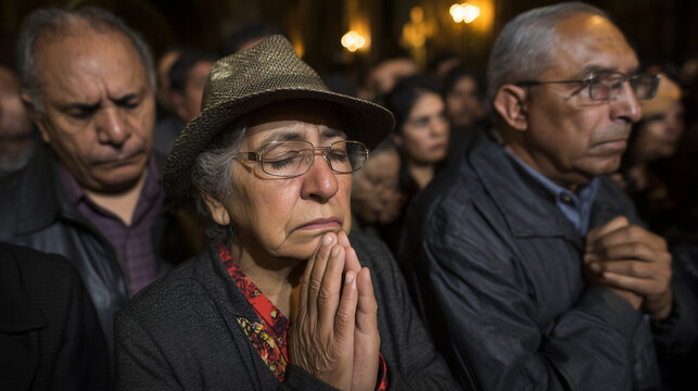 Saint Rose of Lima Festival, Elderly woman praying with hands clasped during Saint Rose of Lima Festival surrounded by fellow worshippers showing deep faith and religious devotion