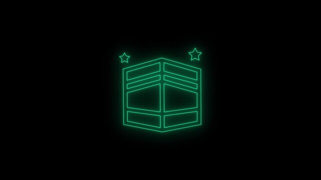 Neon glowing Kaaba Shafir symbol with star icon animation. Cyan outline ramadan concept and islamic holiday celebration isolated on black background. 4k