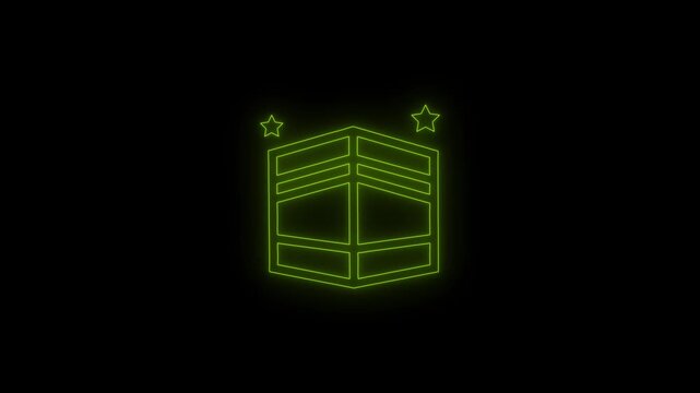 Neon glowing Kaaba Shafir symbol with star icon animation. Yellow outline ramadan concept and islamic holiday celebration isolated on black background. 4k