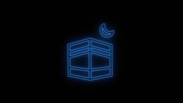 Neon glowing Kaaba Shafir symbol with star icon animation. Blue outline ramadan concept and islamic holiday celebration isolated on black background. 4k