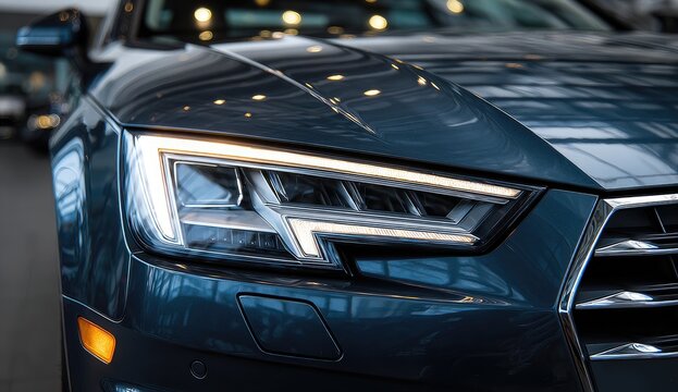 Close-up of a Modern Car Headlight with LED Daytime Running Lights.
