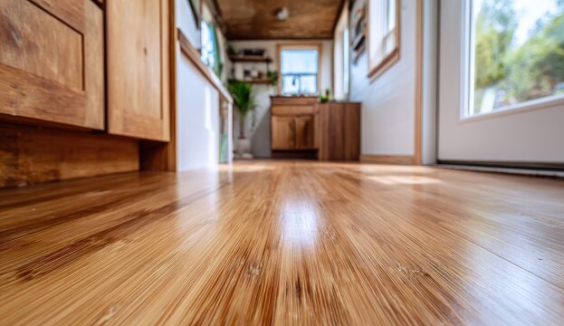 Warm Wooden Floor Reflecting Sunlight in a Cozy Tiny House Interior.