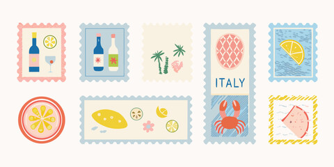 Colorful illustrated postage stamps depicting italian themes and summer motifs © Ripan