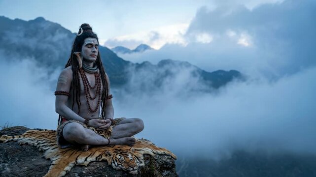 Lord Shiva meditating on mountain peak with misty clouds background peaceful spiritual atmosphere with tiger skin rug and traditional rudraksha beads