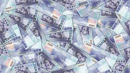 Finance illustration. Seamless pattern. Disorganized scattered banknotes of 1000 dollars, republic of Taiwan. Taiwanese money. Textured background or wallpaper. Obverse and reverse. Bills
