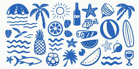 Obraz premium Blue summer icons depicting beach elements food and tropical motifs