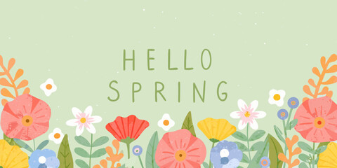 A cheerful spring greeting with colorful floral illustrations and text © Ripan