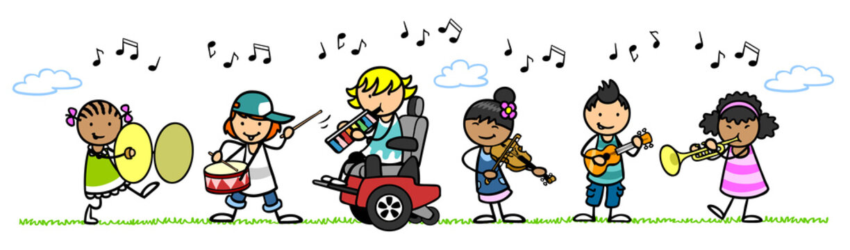 Gruppe Cartoon Kinder auf Wiese spielen Musik auf Musikinstrumenten