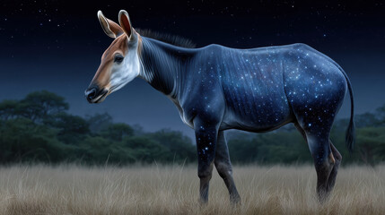 Naklejka premium Okapi, Okapi with a galaxy pattern blending seamlessly into a night sky background.