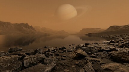 Spectacular Cosmic Landscape of Rocky Shore, Calm Water, and Majestic Planet in Space