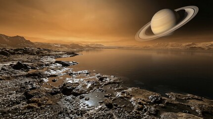Majestic Saturn's Celestial Rings Above Rocky Exoplanet Lake During the Golden Hour