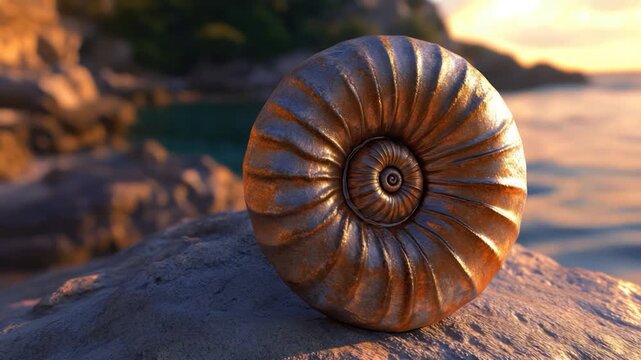 An ornate fossilized ammonite rests on a weathered rock, illuminated by sunset over ocean