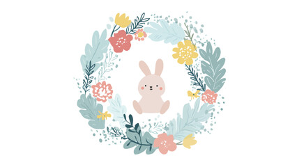 Fototapeta premium Cute cartoon bunny surrounded by a floral wreath, perfect for Easter and spring-themed designs