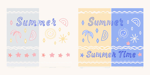 Obraz premium Colorful summer themed illustrations with sun waves and floral details