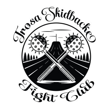 Trosa Skidbackeo Fight Club logo with crossed hockey sticks and mountain landscape