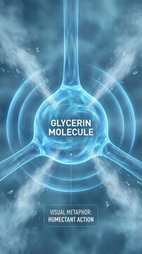 Glycerin molecule depicted with clear structure and humectant action. Blue background emphasizes scientific theme. Concept of education, chemistry, skincare industry