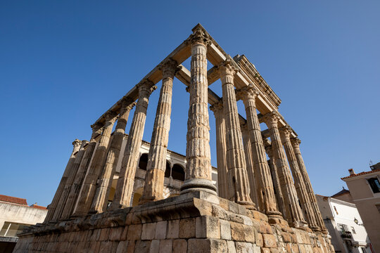 Roman temple of Diana in Merida, Badajoz, Extremadura, Spain, with its Corinthian columns