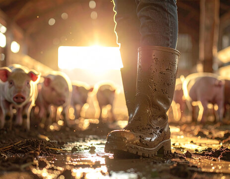 Rolnik w gumowcach na farmie trzody chlewnej