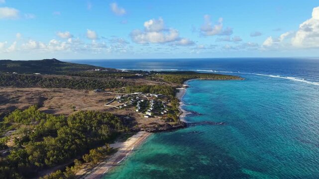 Scenic aerial drone video of Trou d Argent and Saint Francois Beach on Rodrigues Island, Mauritius. Beautiful landscape of Rodrigues Island, taken from above.	