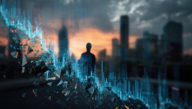 Abstract digital fragments explode around a silhouetted figure against a city skyline