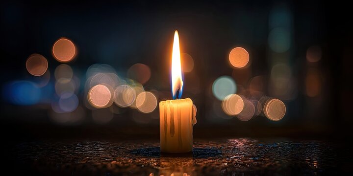 A single lit candle glows with a warm flame against a dark, bokeh-filled background