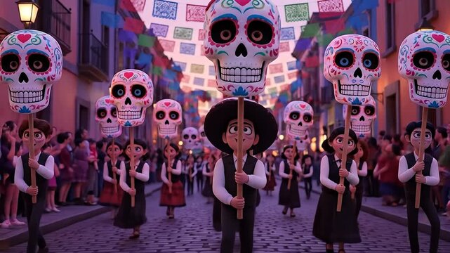 A vibrant animated parade with large sugar skulls and costumed characters.