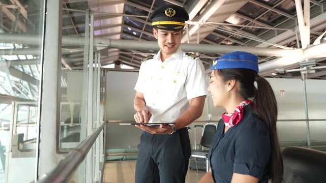 The flight attendants, carrying luggage, and the pilots, all wearing airline business team uniforms, prepare for transportation services, chatting and checking flight schedules on tablets on board the
