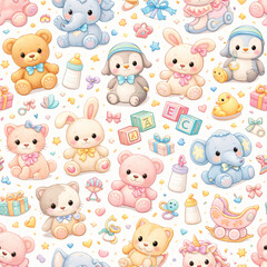 Obraz premium Seamless patterns in the form of various cute dolls such as elephants, rabbits, bear, etc.