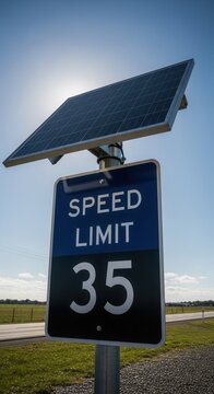 Solar Powered Speed Limit Sign Showing 35 Miles Per Hour On A Sunny Clear Day With Blue Sky