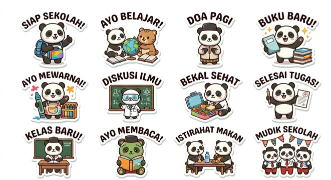 Cute panda animal emoticon sticker set with school theme 